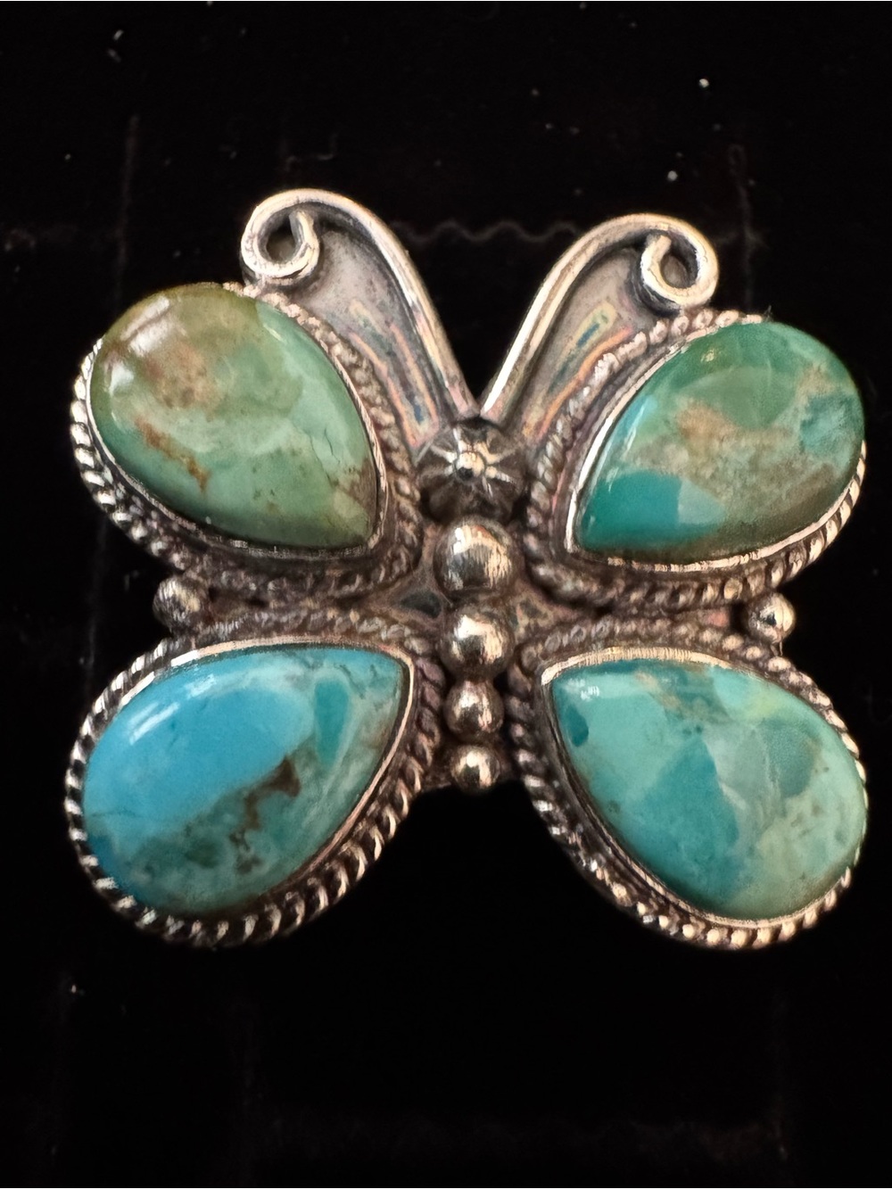 Sterling Silver Butterfly Ring with genuine King Turquoise stones Blue- green
